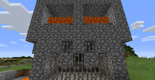 Closeup of the skull with lava eyes in Minecraft