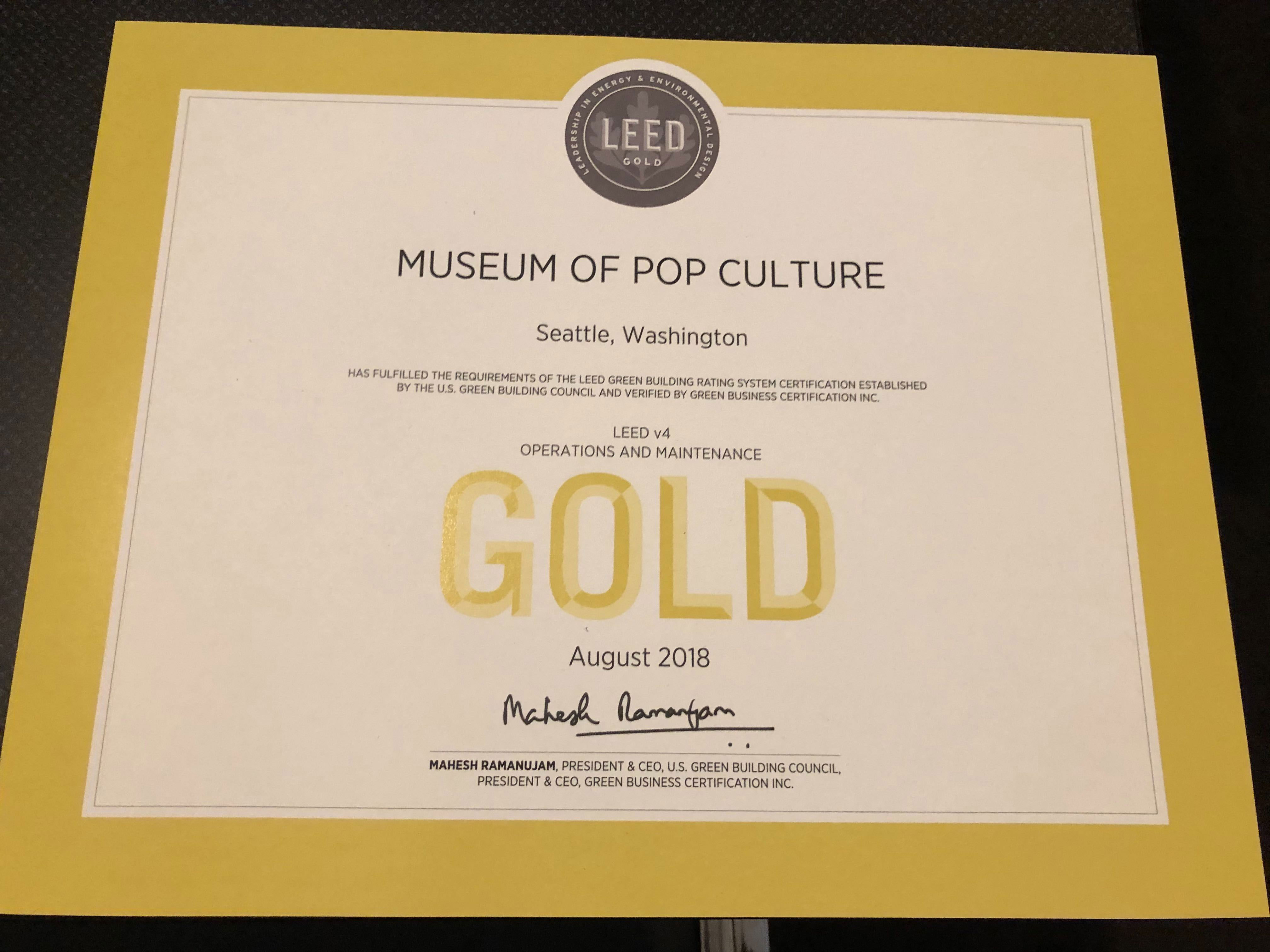 MoPOP LEED Gold Certificate